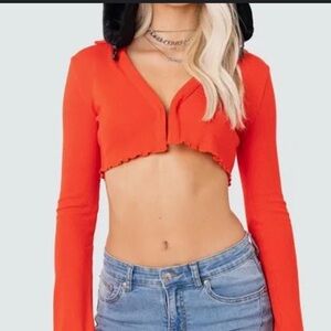 Edikted Red/Orange Fitted Cropped Button Down Shirt